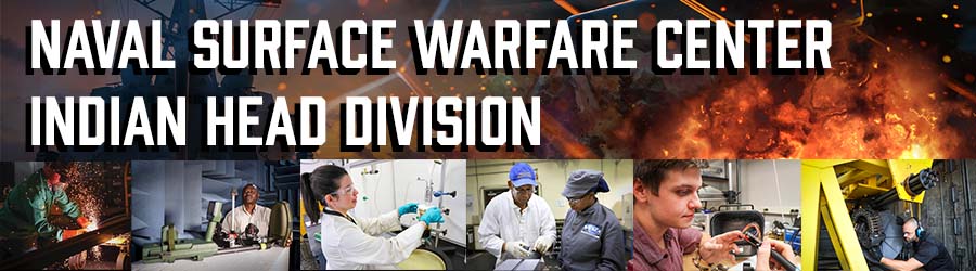 Command banner showing naval ship, explosives, scientists, technicians, and tradespeople at work.